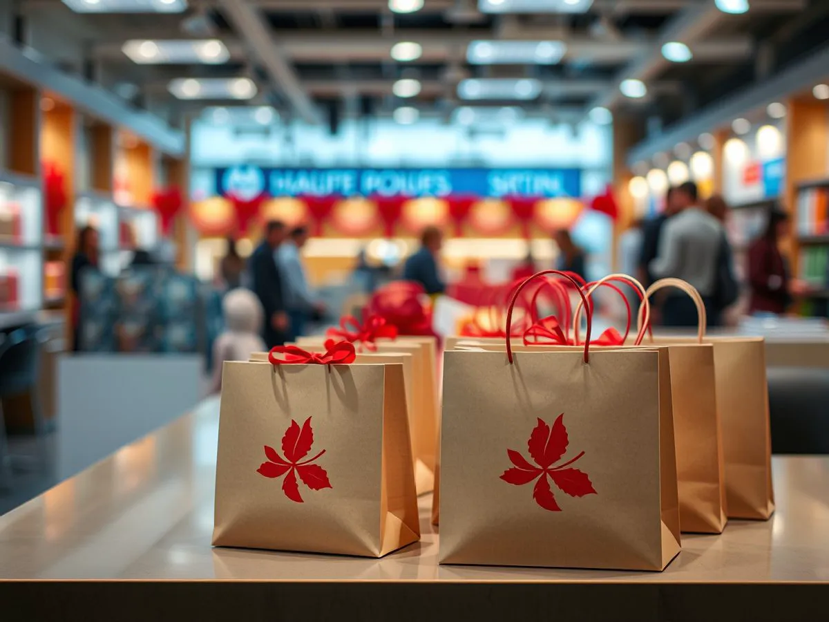 门店开业礼品套装展示,红色礼袋和定制礼品整齐排列
